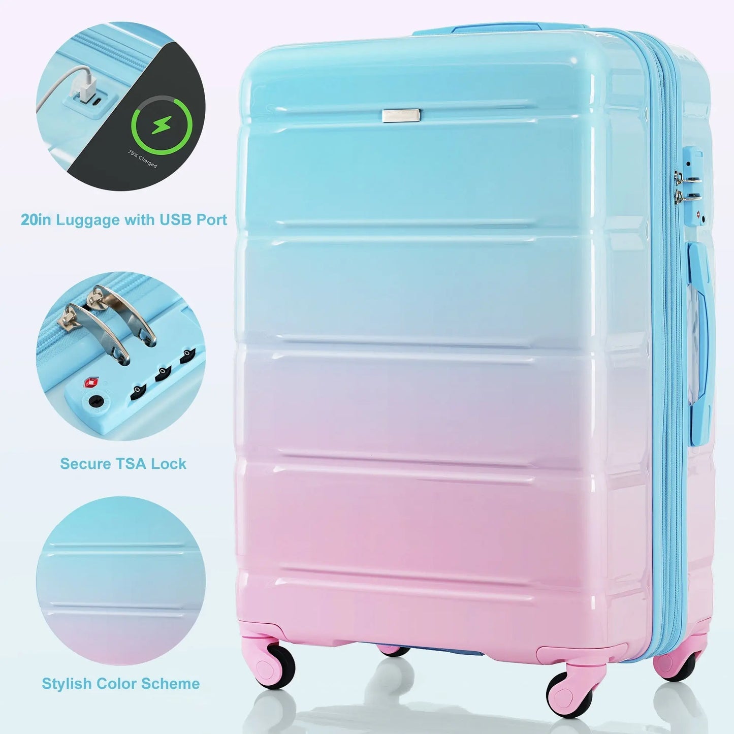 Luggage Set of 3, 20-inch with USB Port, Airline Certified Carry-on