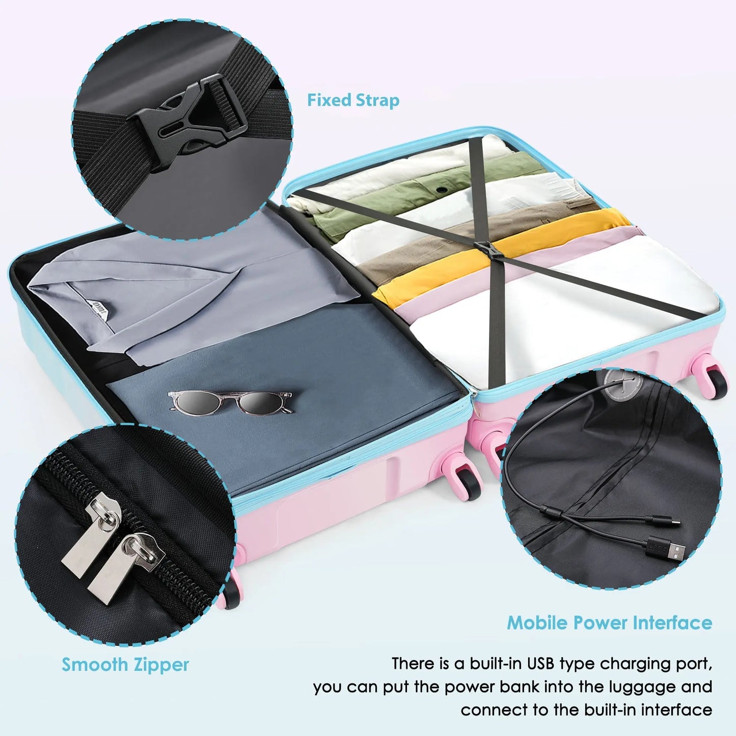 Luggage Set of 3, 20-inch with USB Port, Airline Certified Carry-on