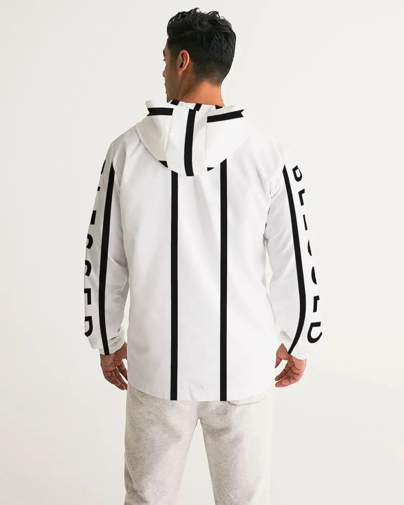 Mens Hooded Windbreaker - Blessed Sleeve Stripe White Water Resistant