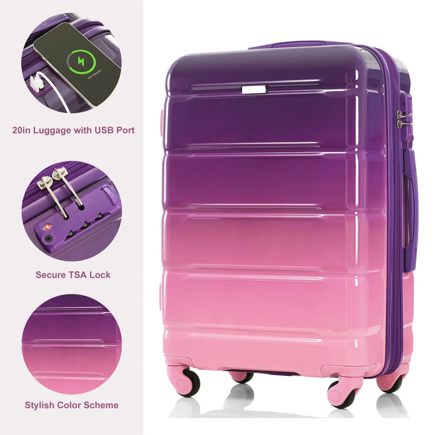 Luggage Set of 3, 20-inch with USB Port, Airline Certified Carry-on