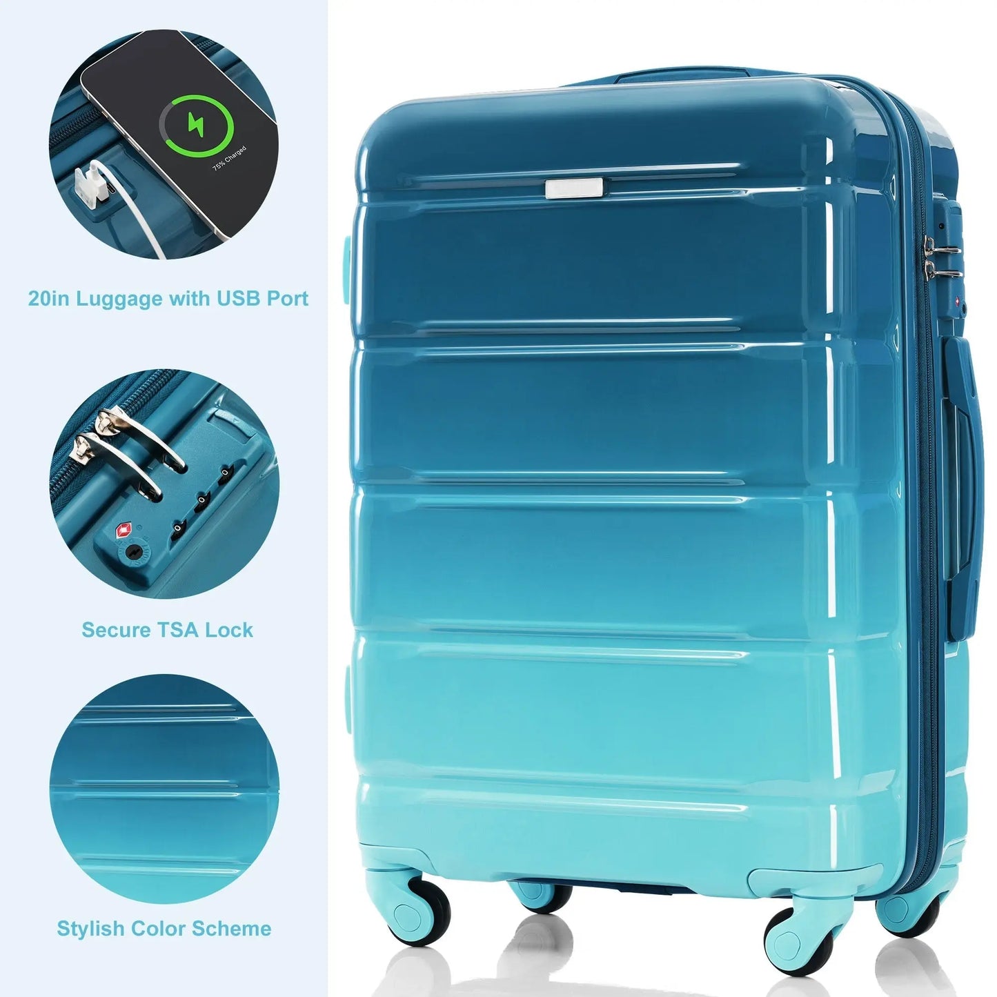 Luggage Set of 3, 20-inch with USB Port, Airline Certified Carry-on