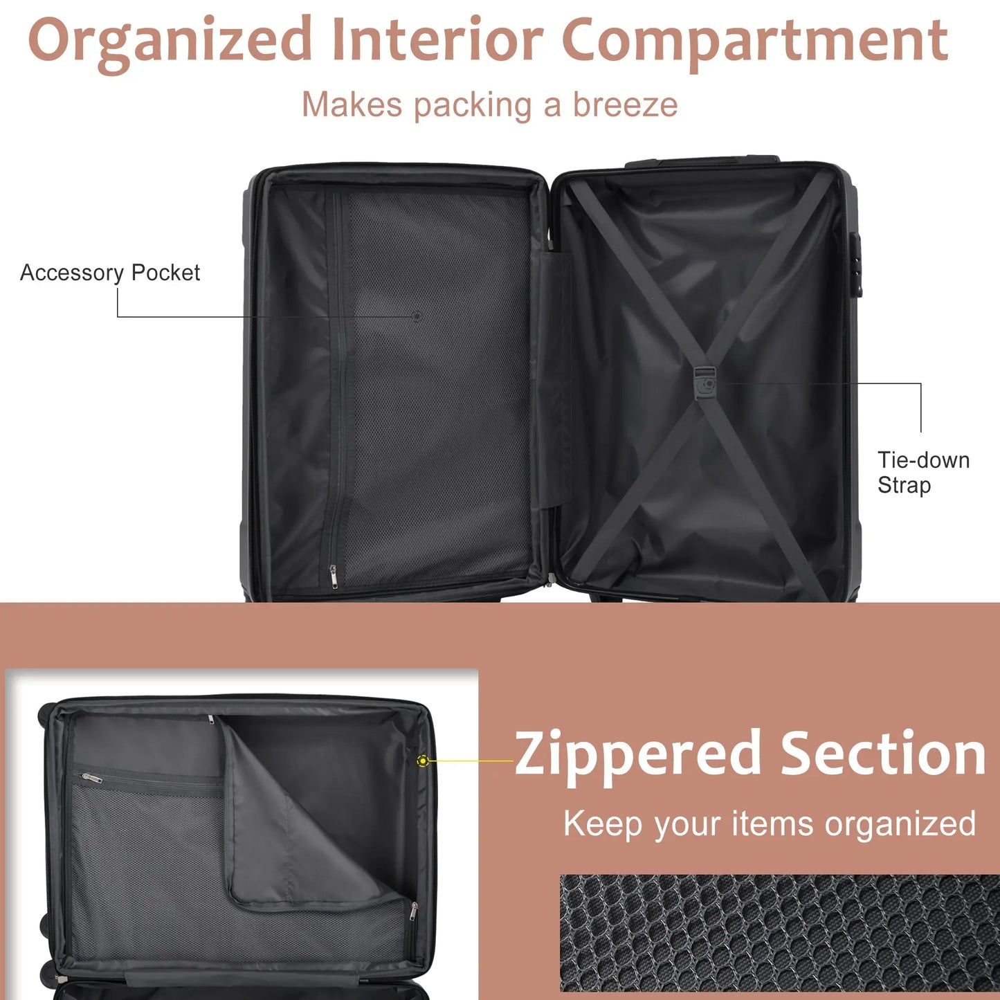 Luggage Sets 3 Piece, Expandable Hard shell ABS Suitcases with Double