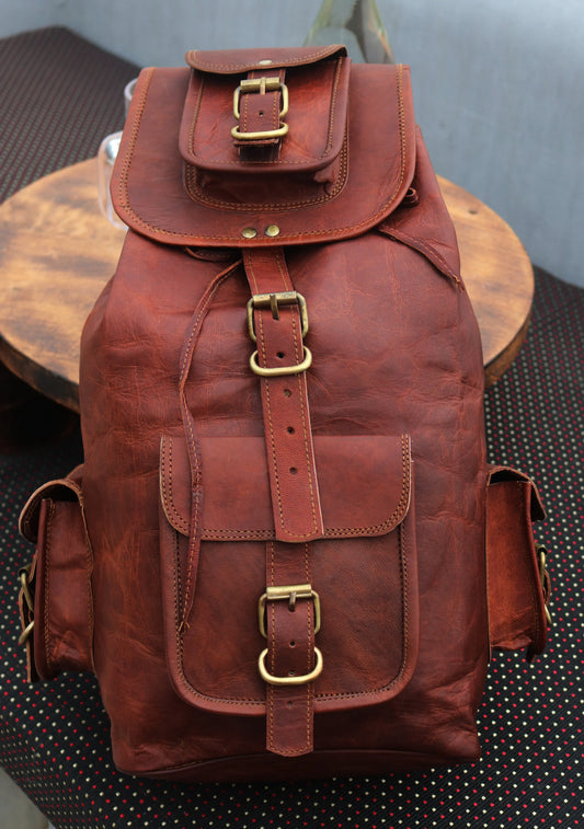 ANUENT Handmade Leather Travel Rucksack Backpack. Salmon Alder