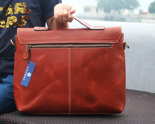 Handmade Orange Handle Leather Laptop Bag. Salmon Alder