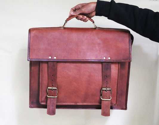 Handmade 18″ Brown Leather Cross body Bag With Big Pocket. Salmon Alder