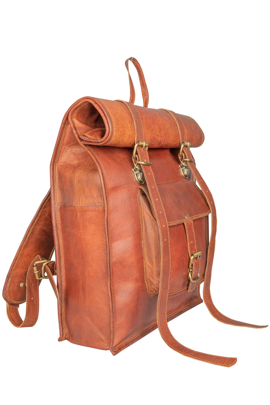 Genuine Leather Retro Rucksack Rolling Backpack Bag . Salmon Alder