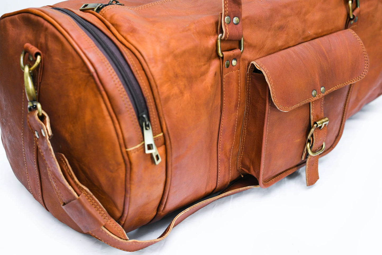 Vintage Leather Duffle Bag for Travel or the Gym,- Brown- Round Salmon Alder