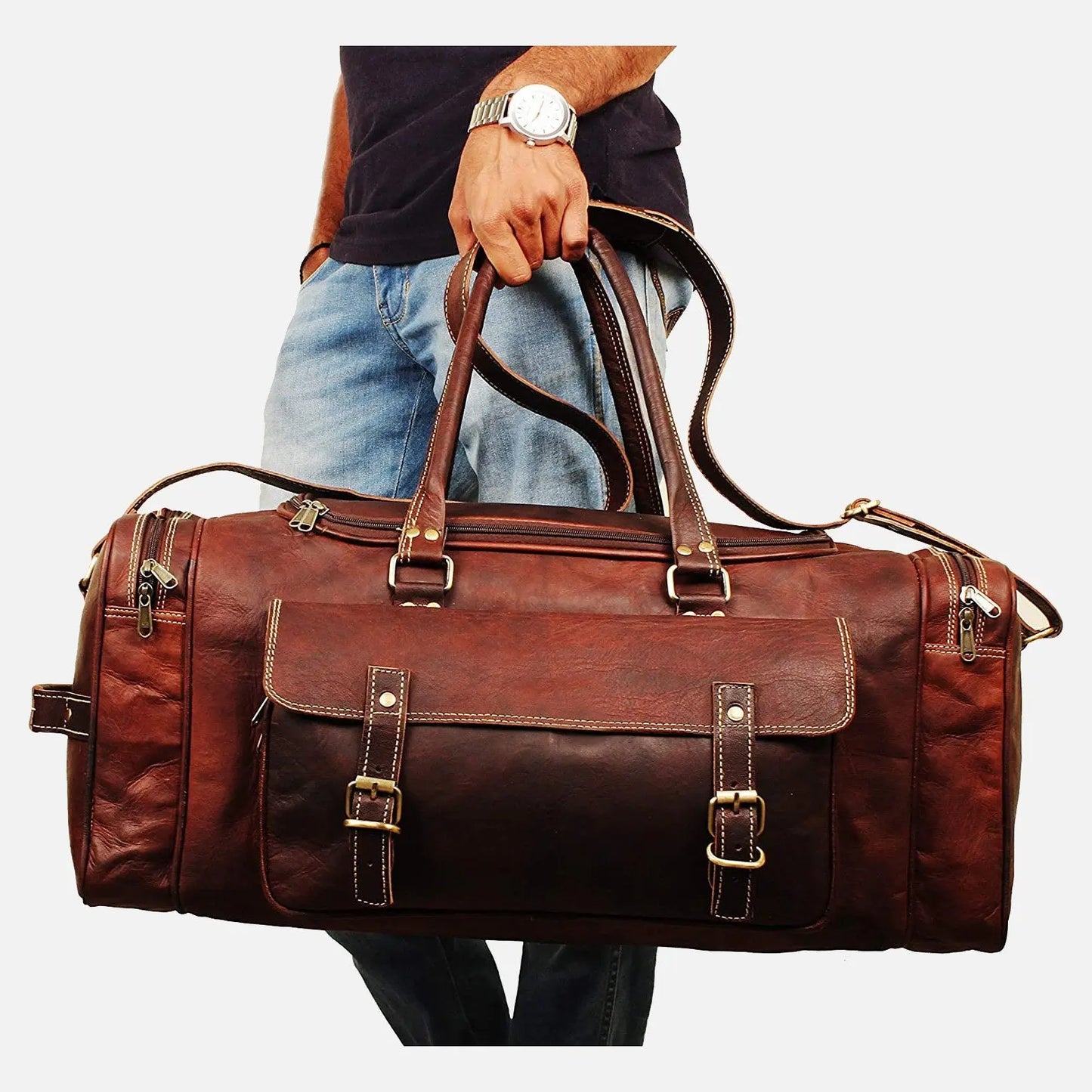 Men's Leather Weekend Travel Duffel Bag . Salmon Alder