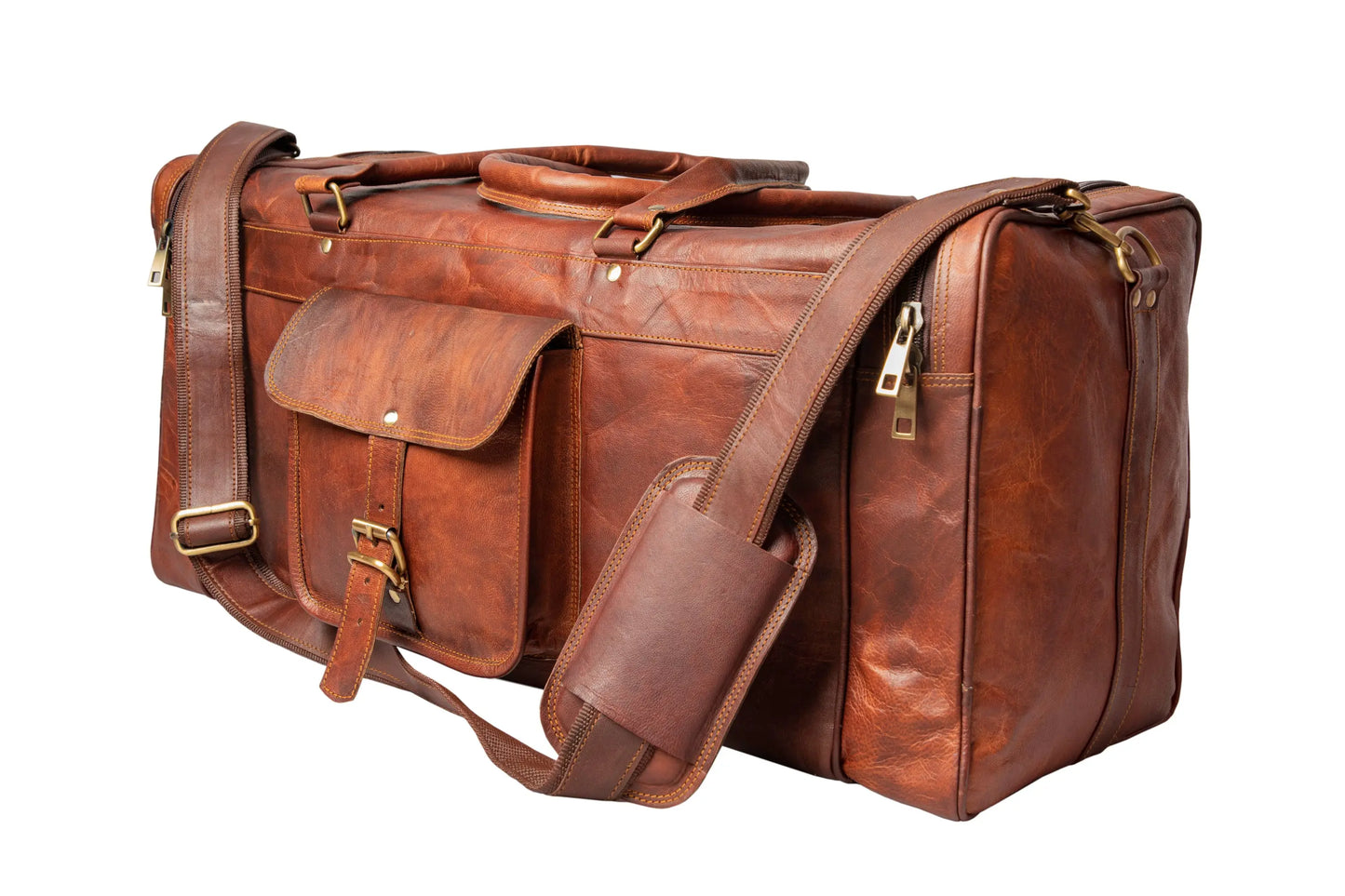 Handmade Square Leather Travel Duffle Bag. Salmon Alder