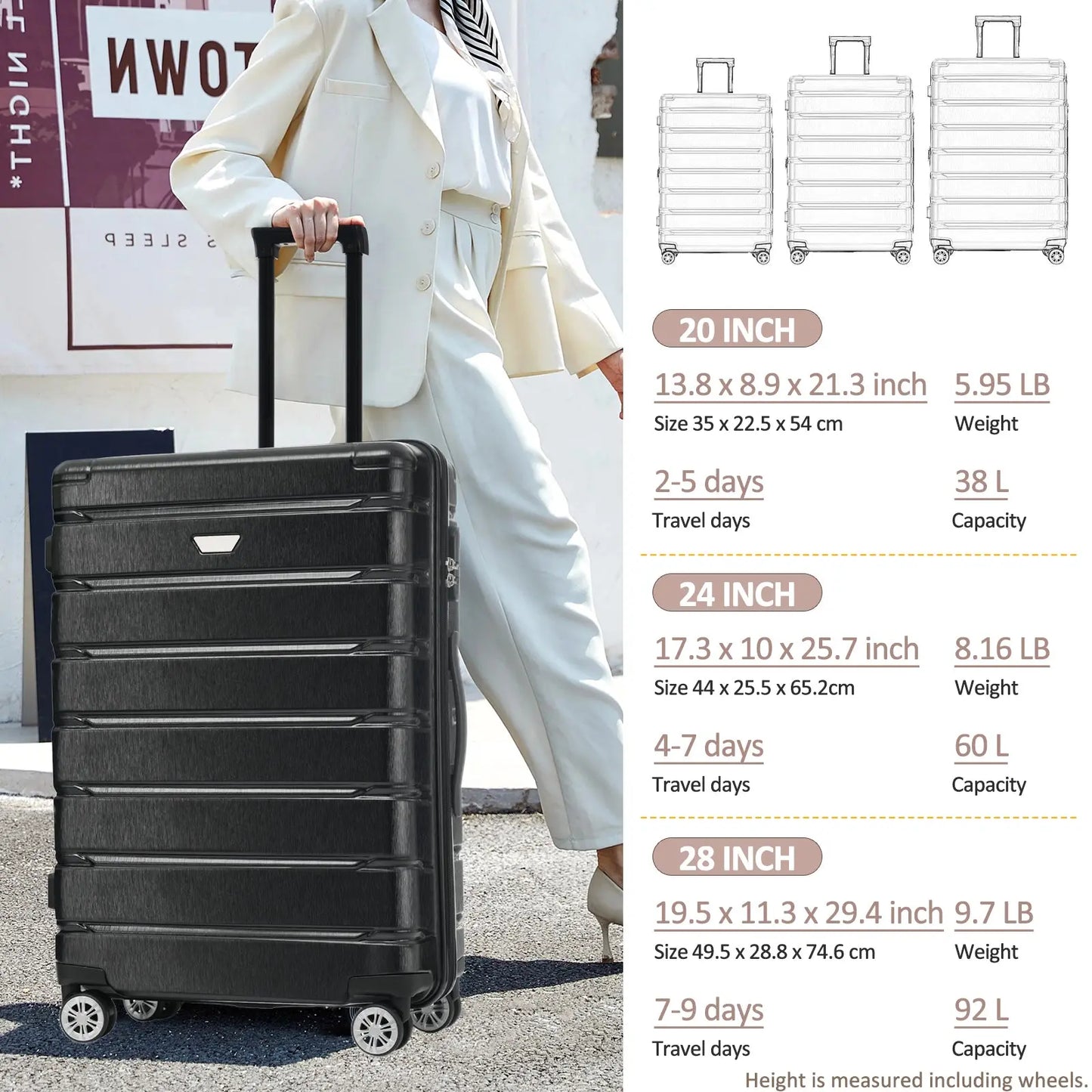 Hardshell Luggage Set 3 Piece, Durable ABS+PC Travel Suitcase with