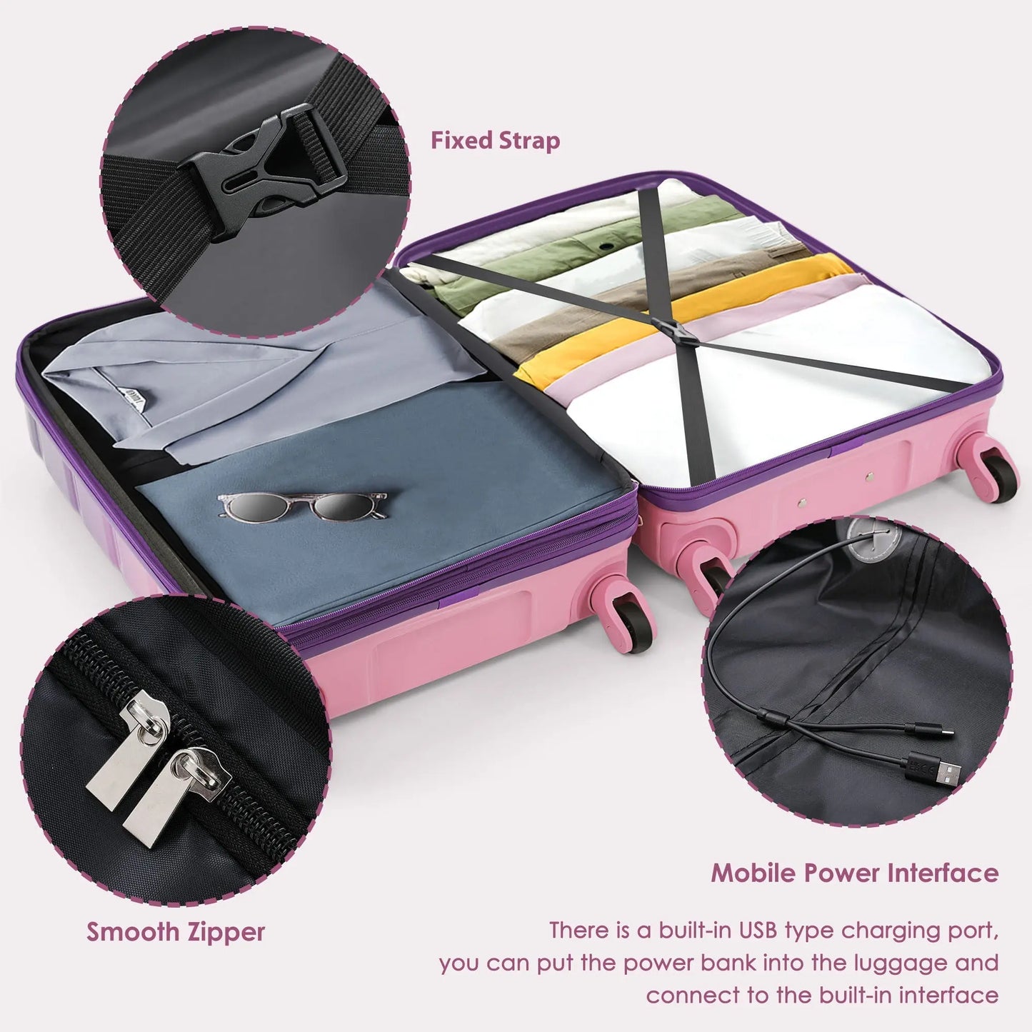 Luggage Set of 3, 20-inch with USB Port, Airline Certified Carry-on