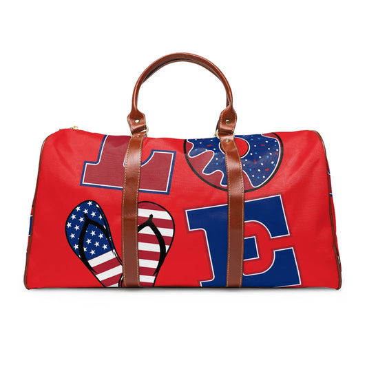 Patriotic Travel Bag, Vacation Tote, Love Travel Duffle, Holiday Luggage, Red White Blue Weekender, Adventure Bag Printify