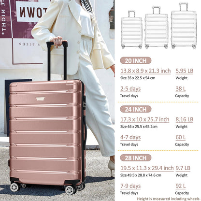 Hardshell Luggage Set 3 Piece, Durable ABS+PC Travel Suitcase with