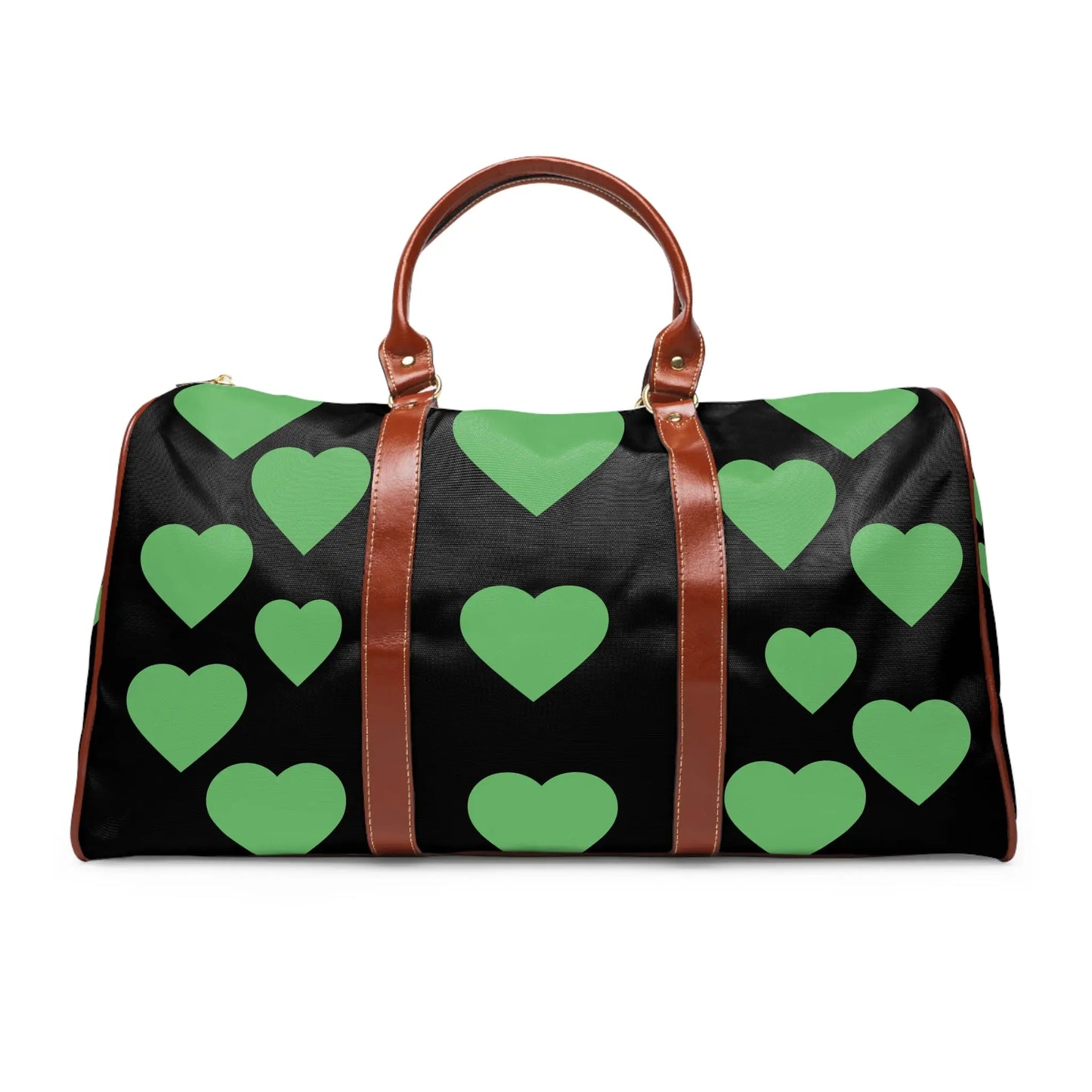 Stylish Waterproof Travel Bag with Green Hearts, Perfect for Weekend Getaways, Gym, Duffle Bag, Travel Tote, Unique Gift Idea Printify