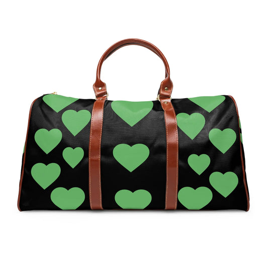 Stylish Waterproof Travel Bag with Green Hearts, Perfect for Weekend Getaways, Gym, Duffle Bag, Travel Tote, Unique Gift Idea Printify