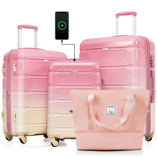 Luggage Sets 4 Piece, 20-inch with USB Port, Expandable ABS Durable Sangria Beech