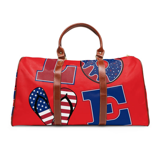 Patriotic Travel Bag, Vacation Tote, Love Travel Duffle, Holiday Luggage, Red White Blue Weekender, Adventure Bag Printify