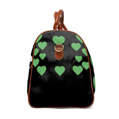 Stylish Waterproof Travel Bag with Green Hearts, Perfect for Weekend Getaways, Gym, Duffle Bag, Travel Tote, Unique Gift Idea Printify