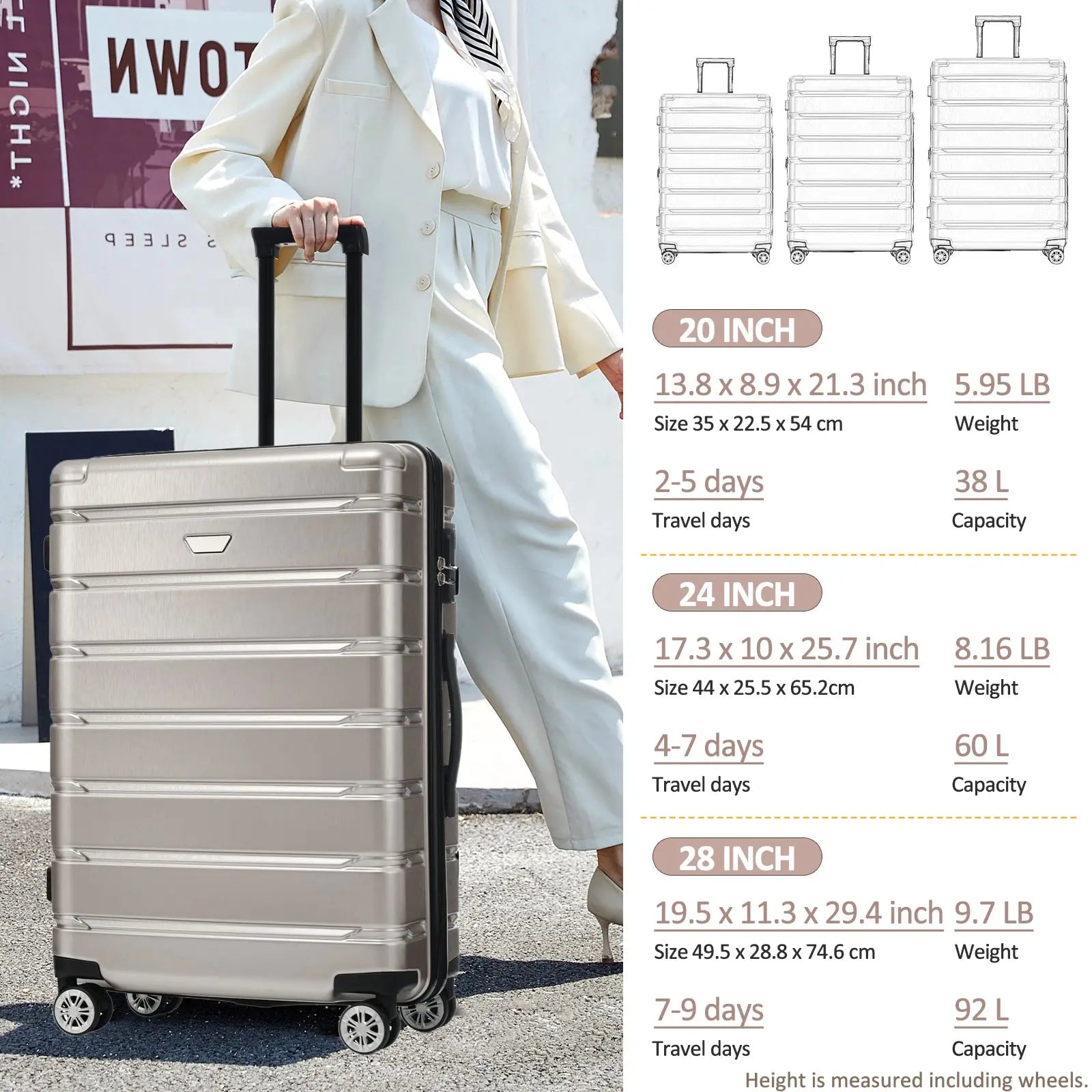 Hardshell Luggage Set 3 Piece, Durable ABS+PC Travel Suitcase with Sangria Beech