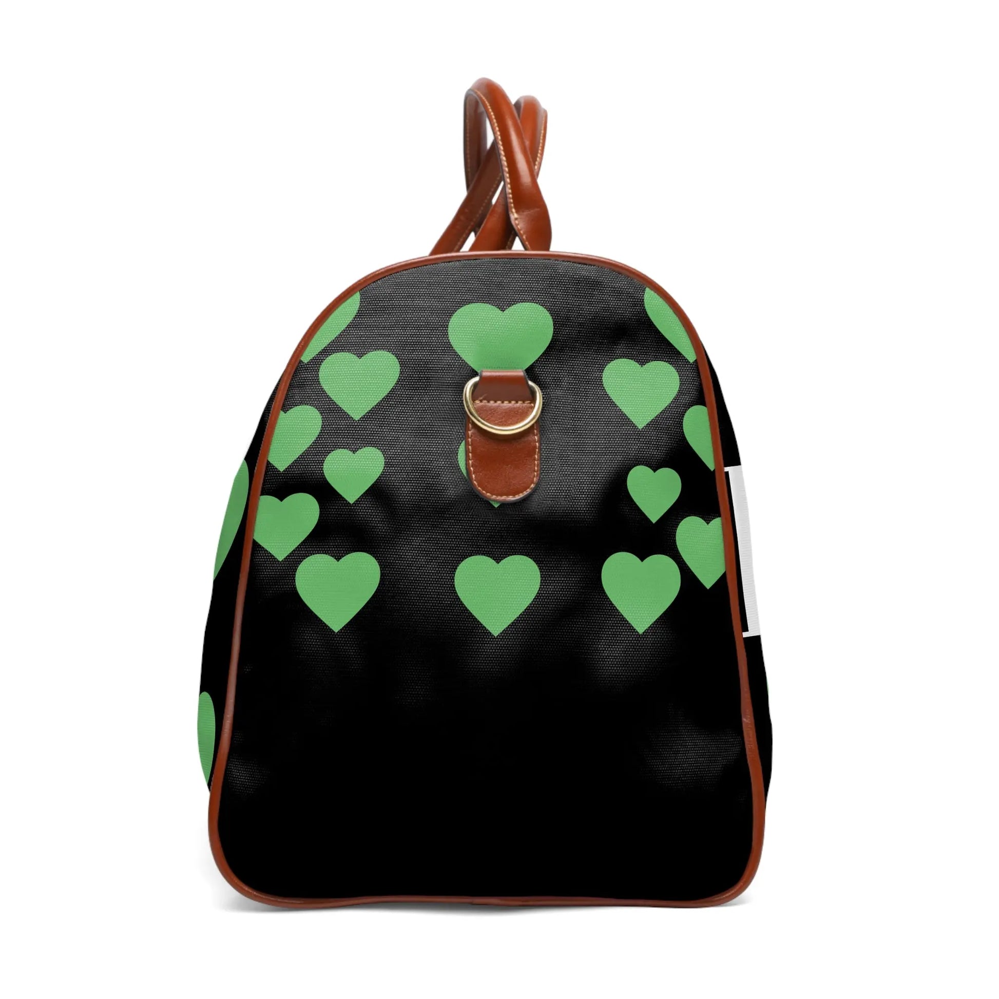 Stylish Waterproof Travel Bag with Green Hearts, Perfect for Weekend Getaways, Gym, Duffle Bag, Travel Tote, Unique Gift Idea Printify