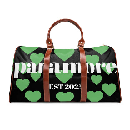 Stylish Waterproof Travel Bag with Green Hearts, Perfect for Weekend Getaways, Gym, Duffle Bag, Travel Tote, Unique Gift Idea Printify