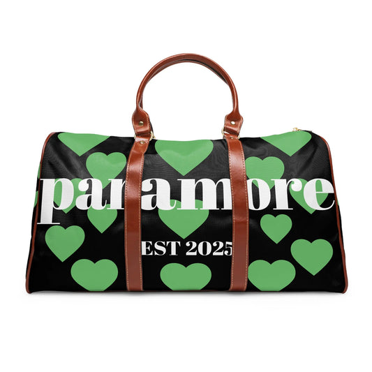 Stylish Waterproof Travel Bag with Green Hearts, Perfect for Weekend Getaways, Gym, Duffle Bag, Travel Tote, Unique Gift Idea Printify