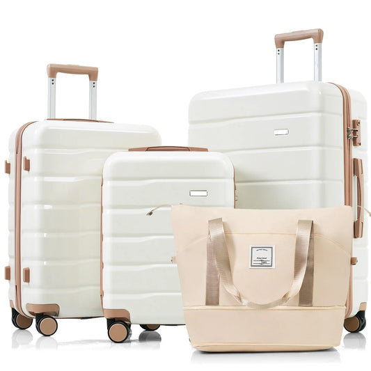 Luggage Sets 4 Piece, ABS Durable Suitcase with Travel Bag, ABS Hard Sangria Beech