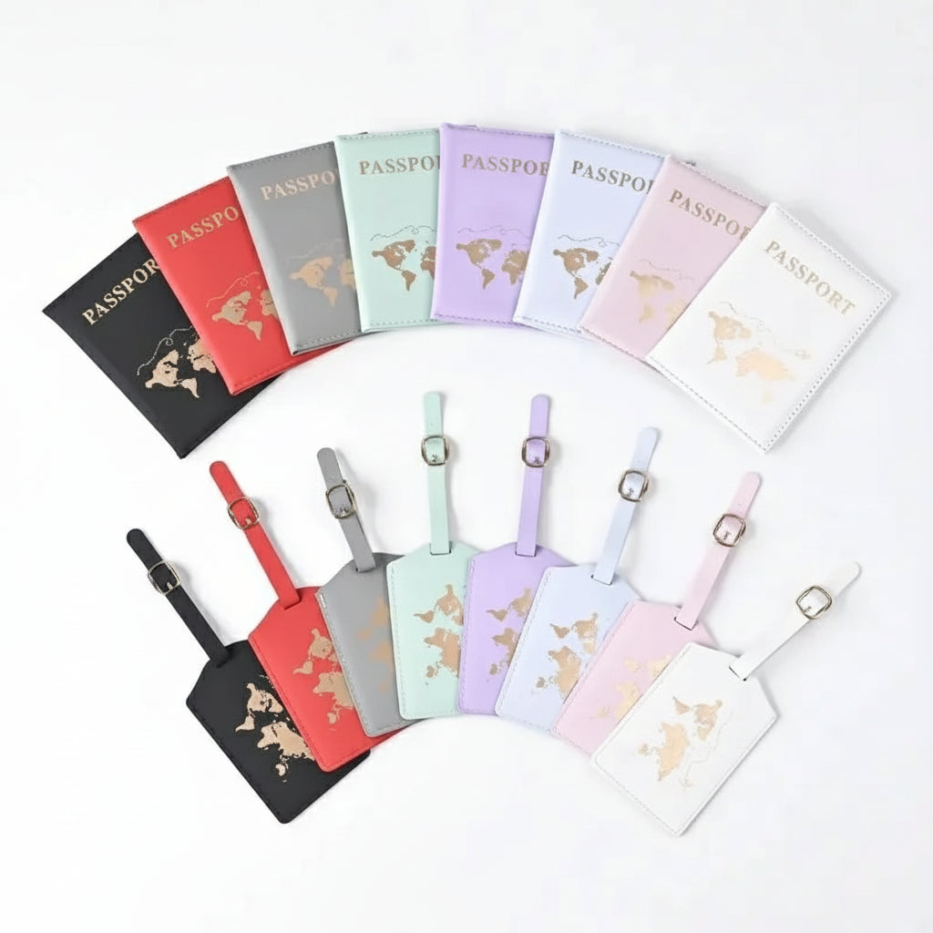 Set of passport covers and luggage tags in various pastel colors on a white background