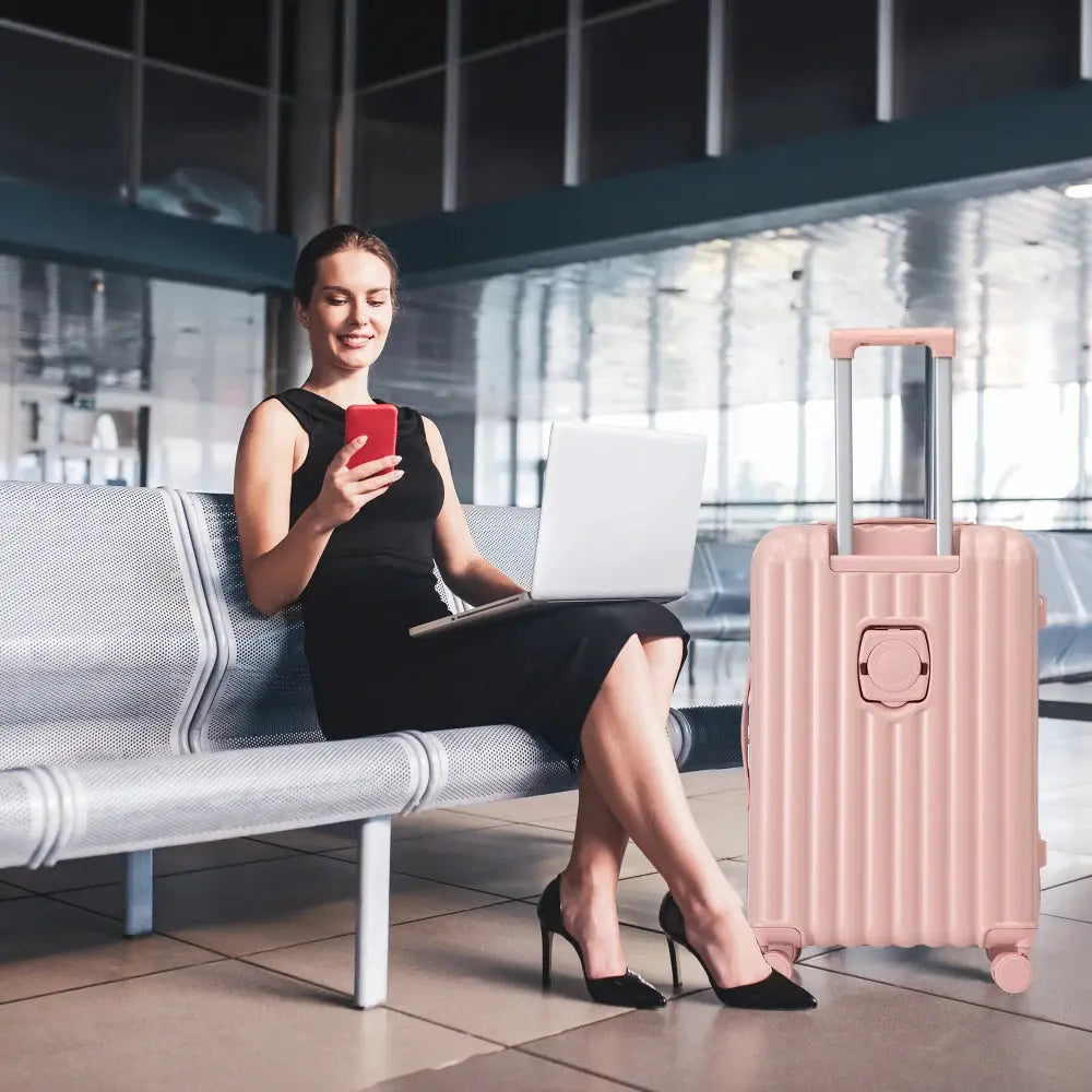 20"/24"/28" 3 Pcs/set in ABS Spinner Wheel Luggage Carry on Suitcase with Cup Holder & USB Port & Phone Holder (Pink) TravelTimesAwait
