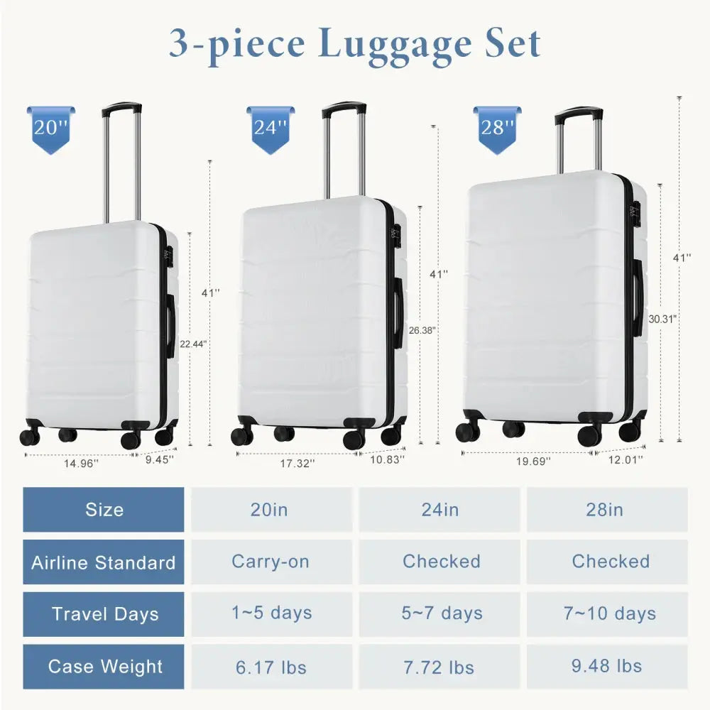 Hard Sided Expand Suitcase with Rotating Wheels TSA Lock Retractable Handle White 28" TravelTimesAwait