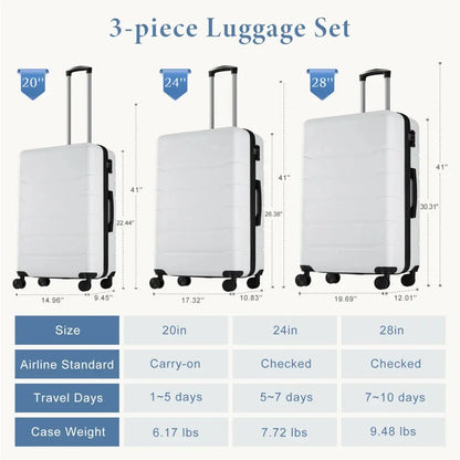 Hard Sided Expand Suitcase with Rotating Wheels TSA Lock Retractable Handle White 28" TravelTimesAwait