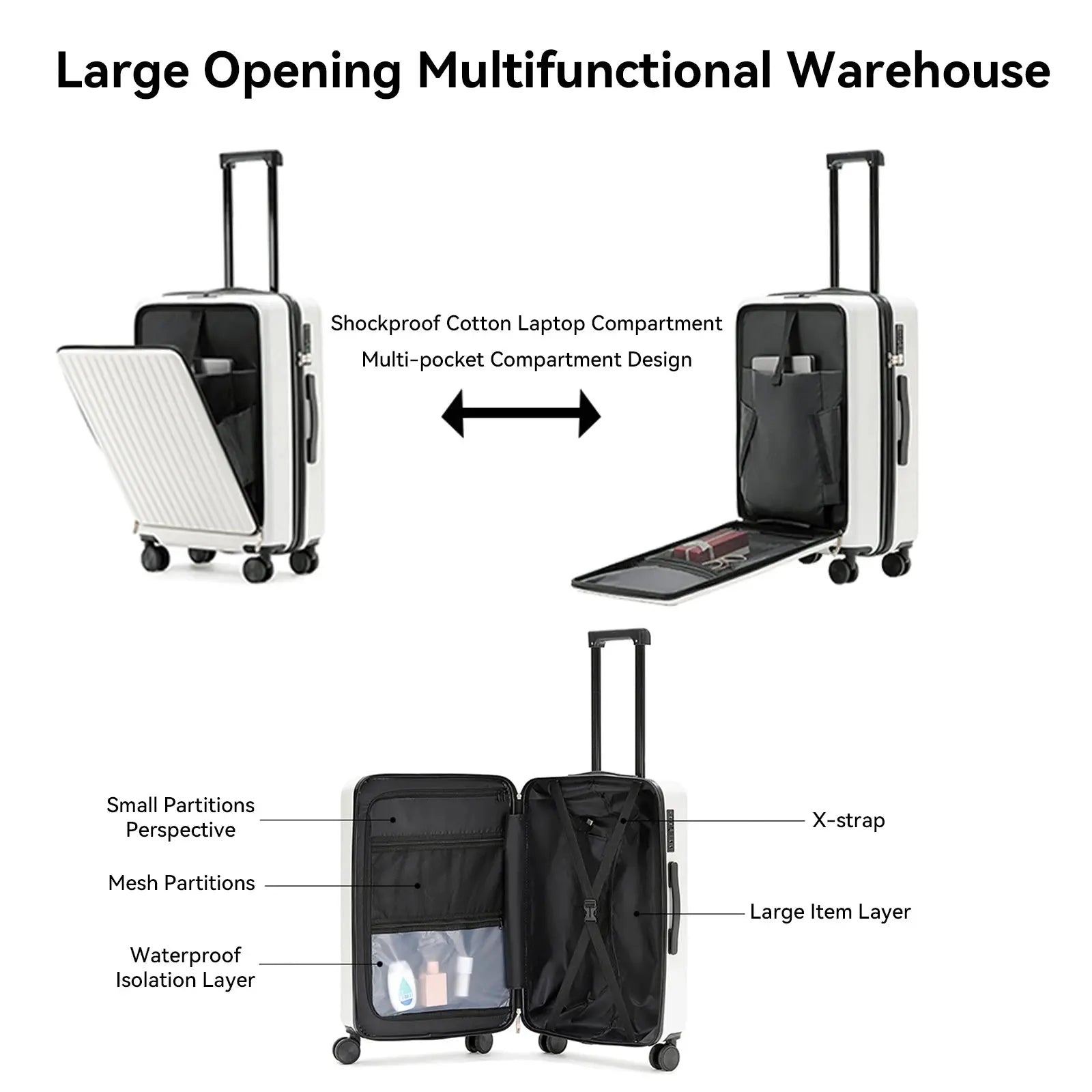 Front Opening Suitcase ABS+PC Multi-Function Trolley Case Cup Holder USB Charging To-Interface Mobile Phone Stand Roller Luggage TravelTimesAwait