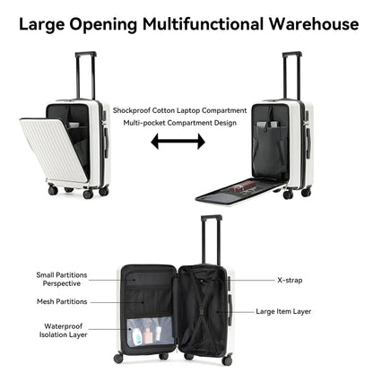 Front Opening Suitcase ABS+PC Multi-Function Trolley Case Cup Holder USB Charging To-Interface Mobile Phone Stand Roller Luggage TravelTimesAwait