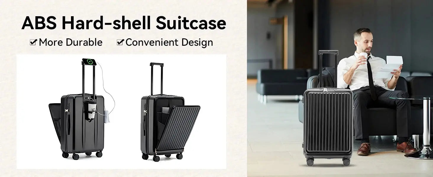 Front Opening Suitcase ABS+PC Multi-Function Trolley Case Cup Holder USB Charging To-Interface Mobile Phone Stand Roller Luggage TravelTimesAwait