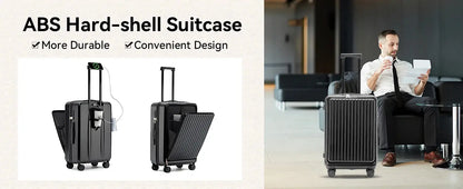 Front Opening Suitcase ABS+PC Multi-Function Trolley Case Cup Holder USB Charging To-Interface Mobile Phone Stand Roller Luggage TravelTimesAwait