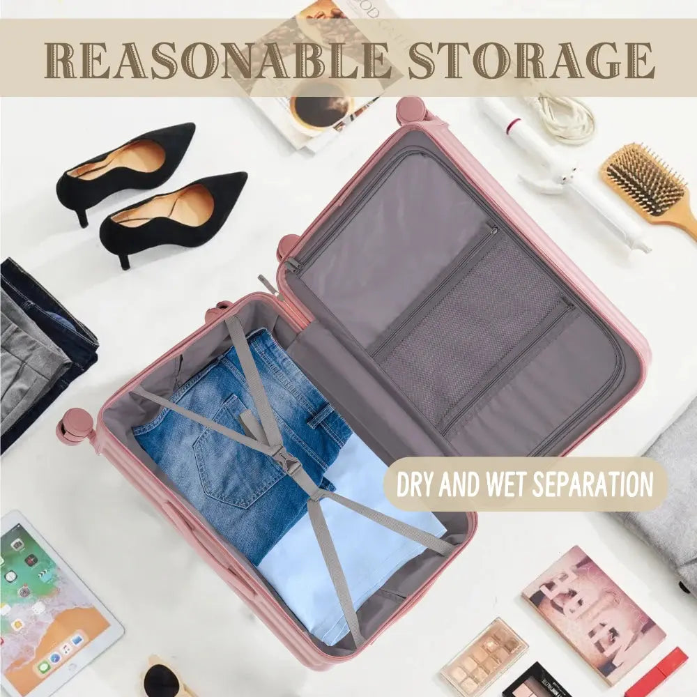 20"/24"/28" 3 Pcs/set in ABS Spinner Wheel Luggage Carry on Suitcase with Cup Holder & USB Port & Phone Holder (Pink) TravelTimesAwait