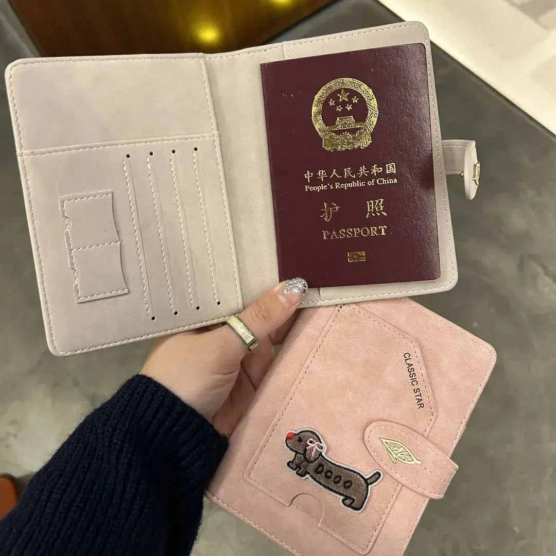 Cartoon Dogs Embroidered Passport Holder PU Leather Cute Passport Cover Multi-function Waterproof Ticket Clamp Travel Accessory TravelTimesAwait