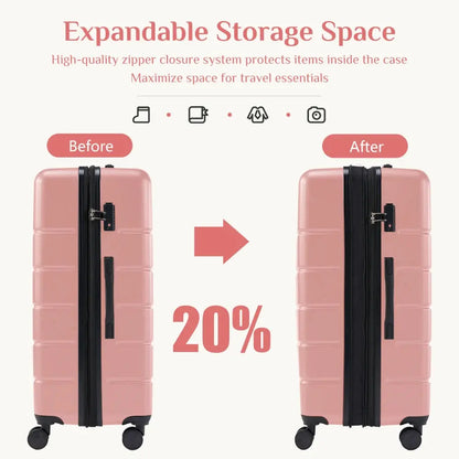 Hard Sided Expand Suitcase with Rotating Wheels TSA Lock Retractable Handle Pink 24" TravelTimesAwait