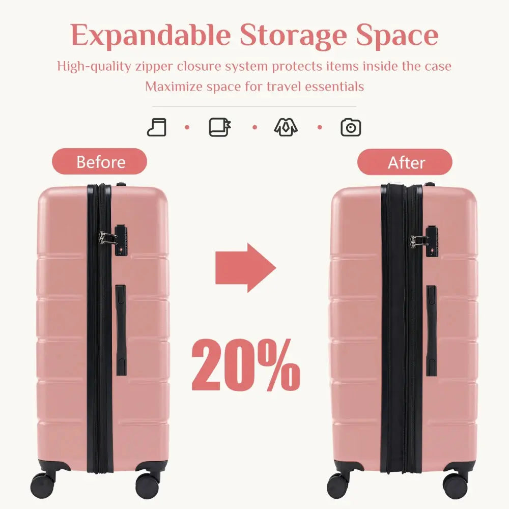Hard Sided Expand Suitcase with Rotating Wheels TSA Lock Retractable Handle Pink 24" TravelTimesAwait