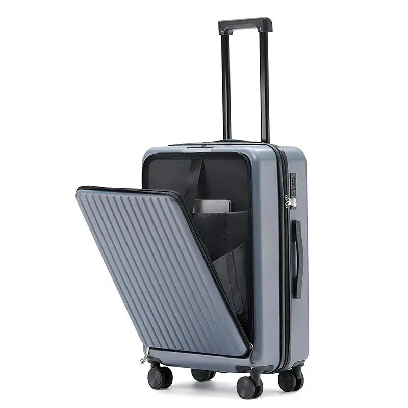 Front Opening Suitcase ABS+PC Multi-Function Trolley Case Cup Holder USB Charging To-Interface Mobile Phone Stand Roller Luggage TravelTimesAwait