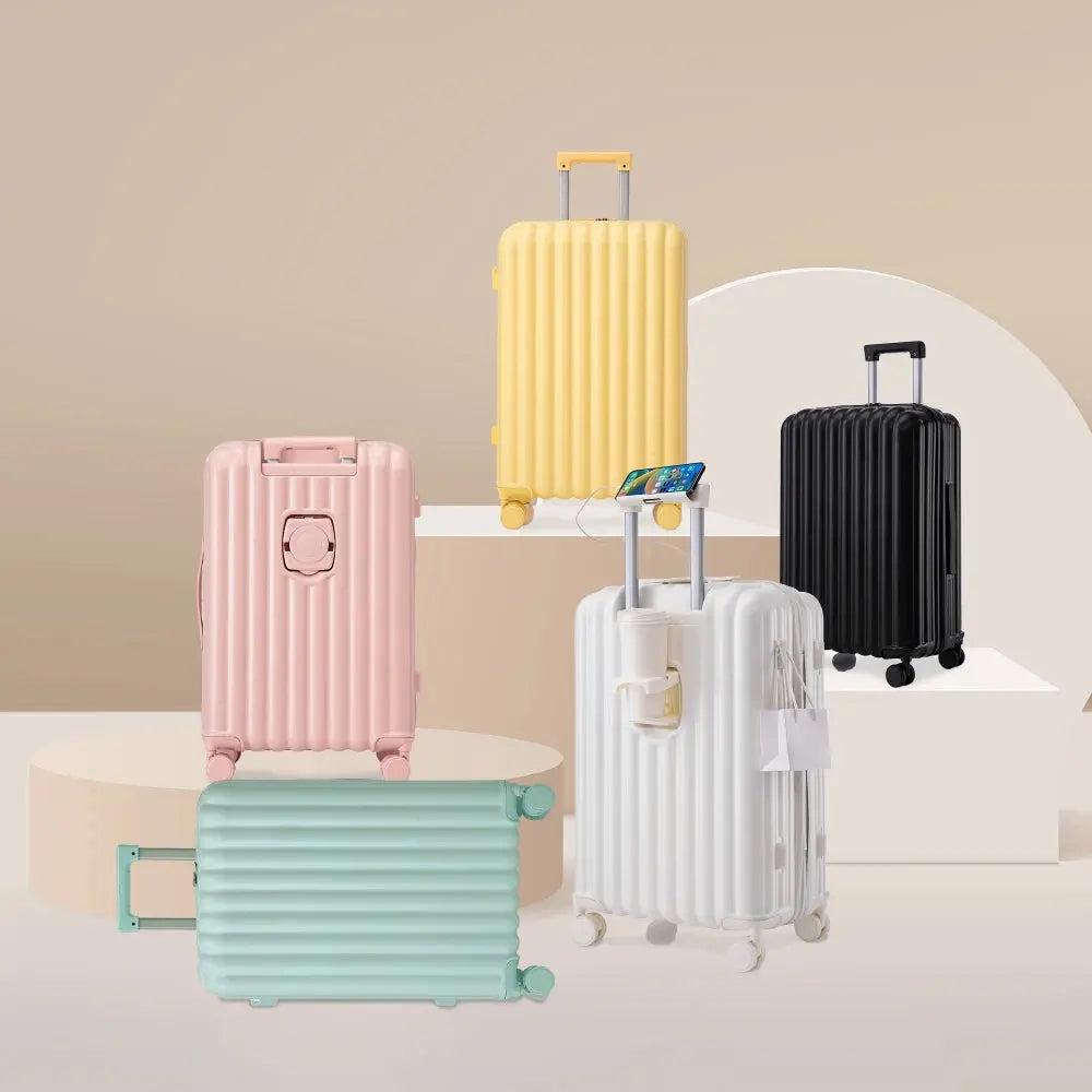 20"/24"/28" 3 Pcs/set in ABS Spinner Wheel Luggage Carry on Suitcase with Cup Holder & USB Port & Phone Holder (Pink) TravelTimesAwait