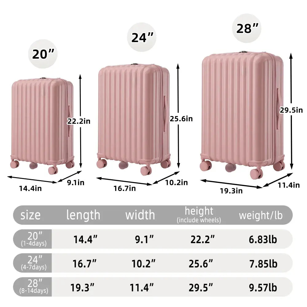 20"/24"/28" 3 Pcs/set in ABS Spinner Wheel Luggage Carry on Suitcase with Cup Holder & USB Port & Phone Holder (Pink) TravelTimesAwait