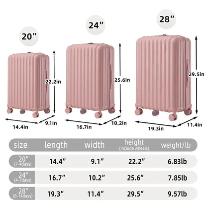 20"/24"/28" 3 Pcs/set in ABS Spinner Wheel Luggage Carry on Suitcase with Cup Holder & USB Port & Phone Holder (Pink) TravelTimesAwait
