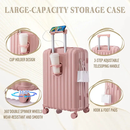 20"/24"/28" 3 Pcs/set in ABS Spinner Wheel Luggage Carry on Suitcase with Cup Holder & USB Port & Phone Holder (Pink) TravelTimesAwait