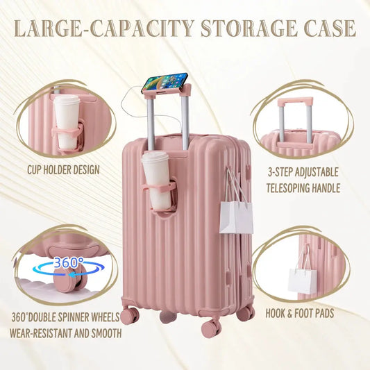 20"/24"/28" 3 Pcs/set in ABS Spinner Wheel Luggage Carry on Suitcase with Cup Holder & USB Port & Phone Holder (Pink) TravelTimesAwait