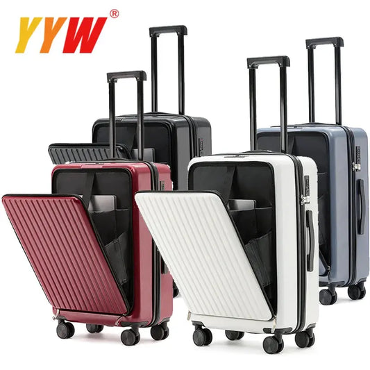 Front Opening Suitcase ABS+PC Multi-Function Trolley Case Cup Holder USB Charging To-Interface Mobile Phone Stand Roller Luggage TravelTimesAwait