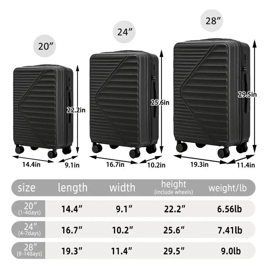 20 24 28 3 pcs set in ABS Spinner Wheel Luggage Carry on Suitcase Matching Color TSA Combination Lock For Big And Middle Size B TravelTimesAwait