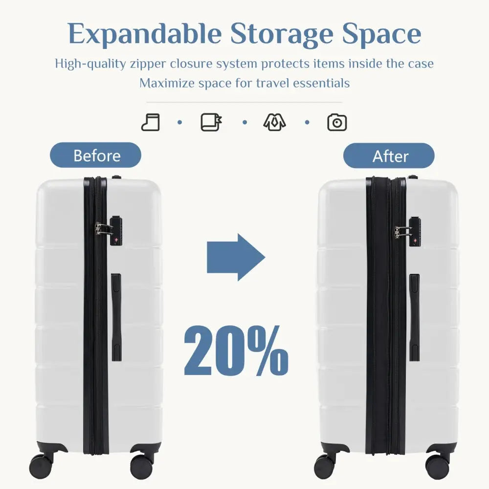 Hard Sided Expand Suitcase with Rotating Wheels TSA Lock Retractable Handle White 28" TravelTimesAwait