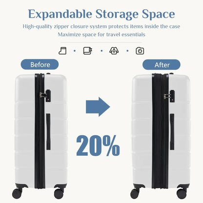 Hard Sided Expand Suitcase with Rotating Wheels TSA Lock Retractable Handle White 28" TravelTimesAwait