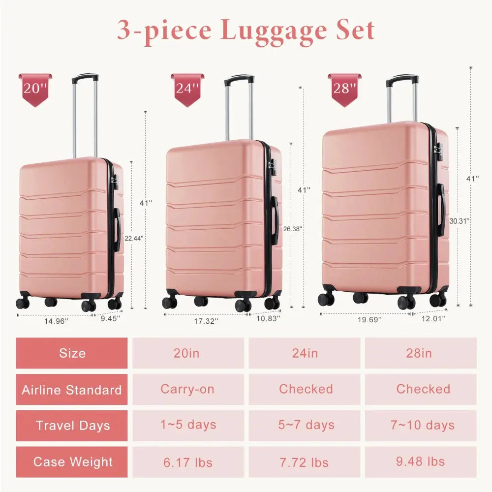 Hard Sided Expand Suitcase with Rotating Wheels TSA Lock Retractable Handle Pink 24" TravelTimesAwait